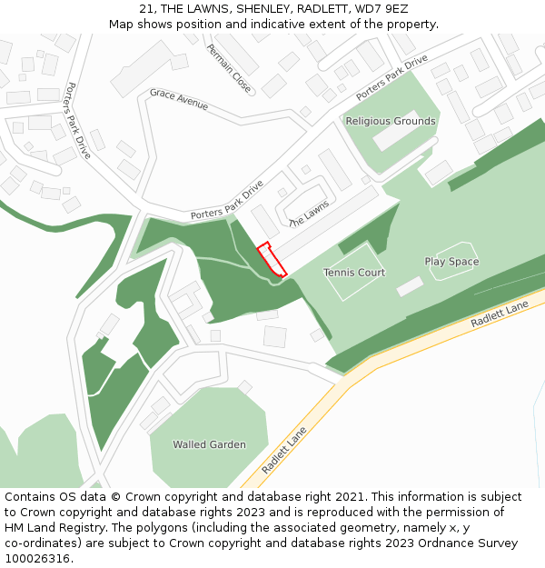 21, THE LAWNS, SHENLEY, RADLETT, WD7 9EZ: Location map and indicative extent of plot