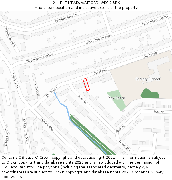 21, THE MEAD, WATFORD, WD19 5BX: Location map and indicative extent of plot