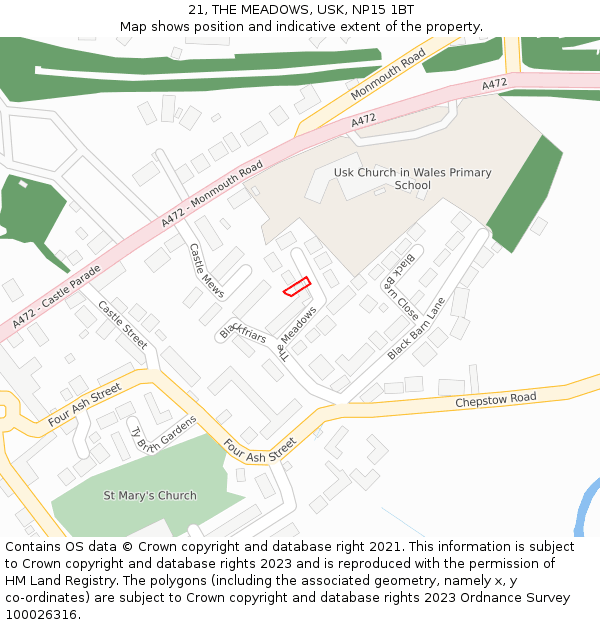 21, THE MEADOWS, USK, NP15 1BT: Location map and indicative extent of plot