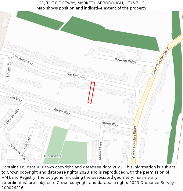 21, THE RIDGEWAY, MARKET HARBOROUGH, LE16 7HG: Location map and indicative extent of plot