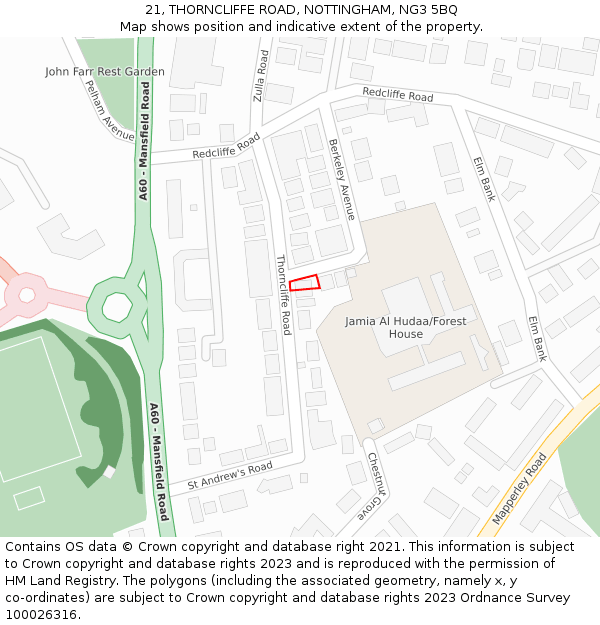 21, THORNCLIFFE ROAD, NOTTINGHAM, NG3 5BQ: Location map and indicative extent of plot