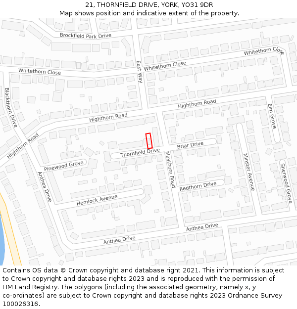 21, THORNFIELD DRIVE, YORK, YO31 9DR: Location map and indicative extent of plot