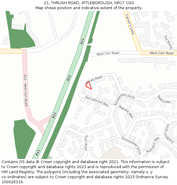 21, THRUSH ROAD, ATTLEBOROUGH, NR17 1GG: Location map and indicative extent of plot