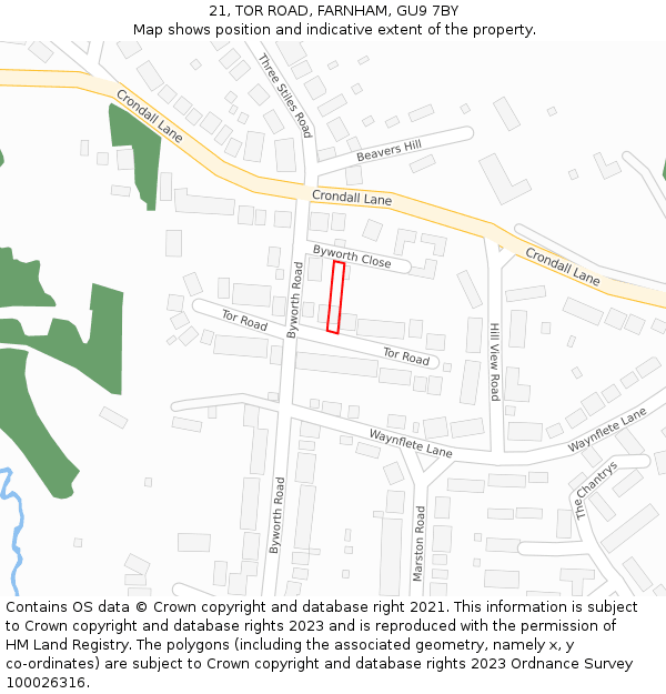 21, TOR ROAD, FARNHAM, GU9 7BY: Location map and indicative extent of plot
