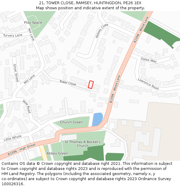 21, TOWER CLOSE, RAMSEY, HUNTINGDON, PE26 1EX: Location map and indicative extent of plot