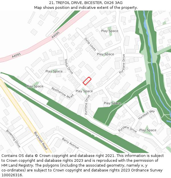 21, TREFOIL DRIVE, BICESTER, OX26 3AG: Location map and indicative extent of plot