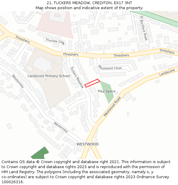 21, TUCKERS MEADOW, CREDITON, EX17 3NT: Location map and indicative extent of plot