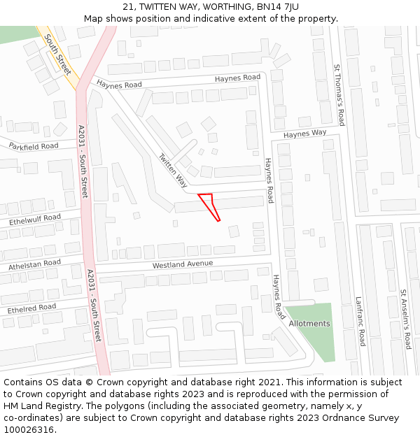 21, TWITTEN WAY, WORTHING, BN14 7JU: Location map and indicative extent of plot