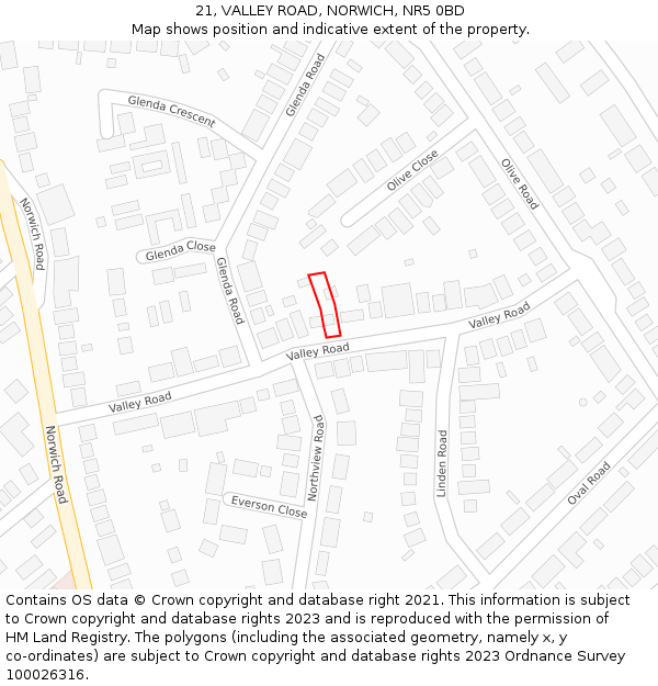 21, VALLEY ROAD, NORWICH, NR5 0BD: Location map and indicative extent of plot