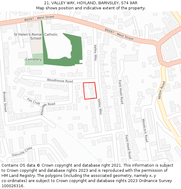 21, VALLEY WAY, HOYLAND, BARNSLEY, S74 9AR: Location map and indicative extent of plot