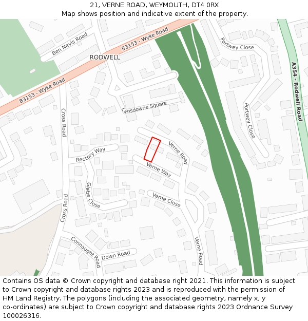 21, VERNE ROAD, WEYMOUTH, DT4 0RX: Location map and indicative extent of plot