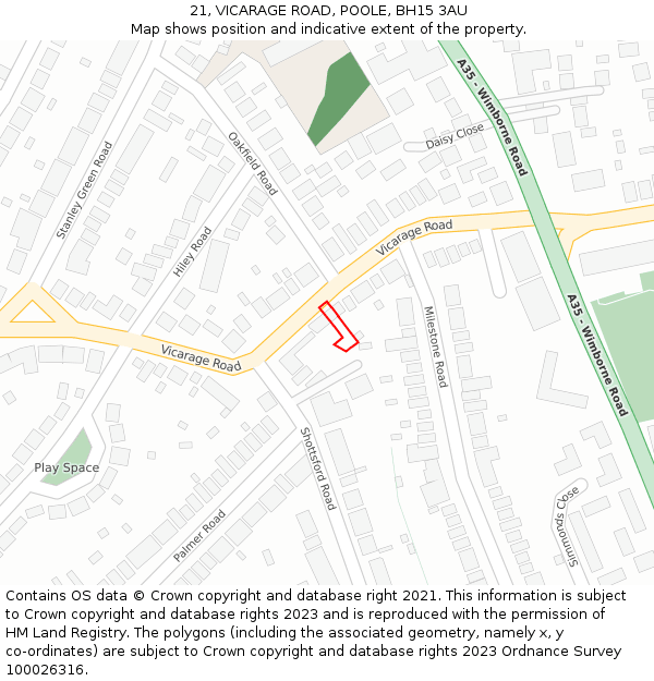 21, VICARAGE ROAD, POOLE, BH15 3AU: Location map and indicative extent of plot