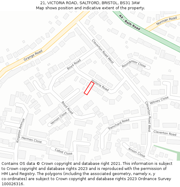 21, VICTORIA ROAD, SALTFORD, BRISTOL, BS31 3AW: Location map and indicative extent of plot