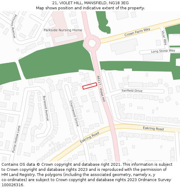 21, VIOLET HILL, MANSFIELD, NG18 3EG: Location map and indicative extent of plot