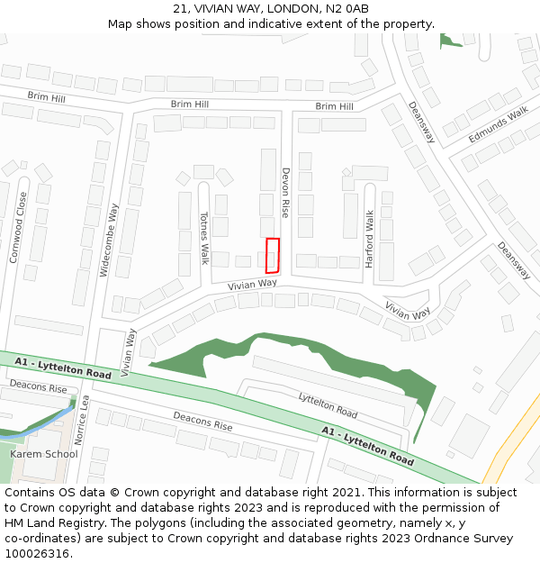 21, VIVIAN WAY, LONDON, N2 0AB: Location map and indicative extent of plot