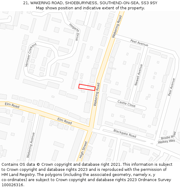 21, WAKERING ROAD, SHOEBURYNESS, SOUTHEND-ON-SEA, SS3 9SY: Location map and indicative extent of plot