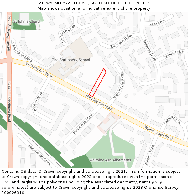 21, WALMLEY ASH ROAD, SUTTON COLDFIELD, B76 1HY: Location map and indicative extent of plot
