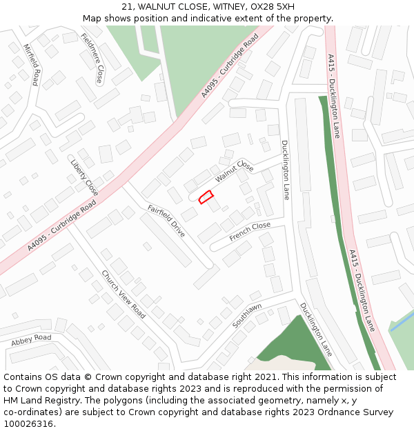 21, WALNUT CLOSE, WITNEY, OX28 5XH: Location map and indicative extent of plot