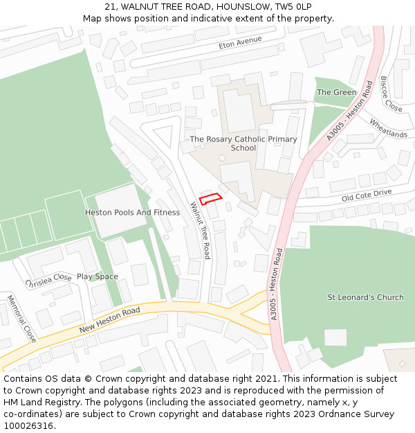 21, WALNUT TREE ROAD, HOUNSLOW, TW5 0LP: Location map and indicative extent of plot