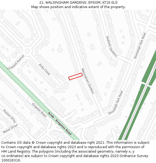 21, WALSINGHAM GARDENS, EPSOM, KT19 0LS: Location map and indicative extent of plot