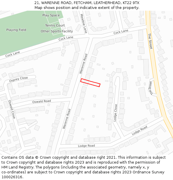 21, WARENNE ROAD, FETCHAM, LEATHERHEAD, KT22 9TX: Location map and indicative extent of plot