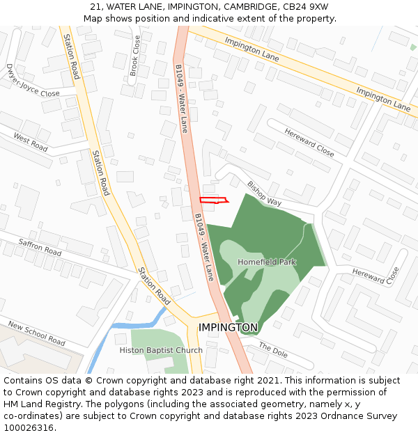 21, WATER LANE, IMPINGTON, CAMBRIDGE, CB24 9XW: Location map and indicative extent of plot
