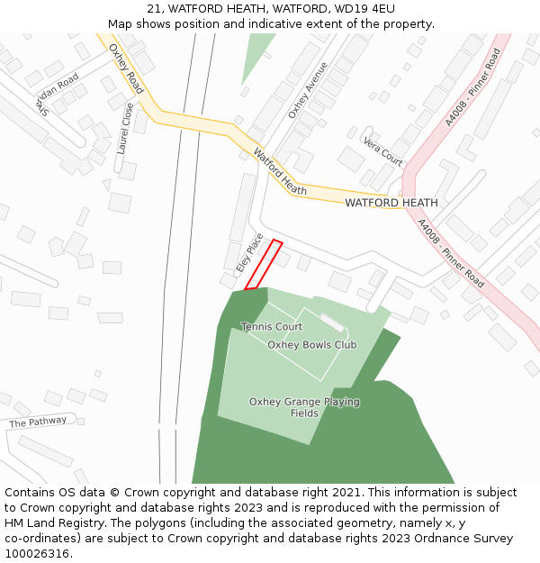 21, WATFORD HEATH, WATFORD, WD19 4EU: Location map and indicative extent of plot