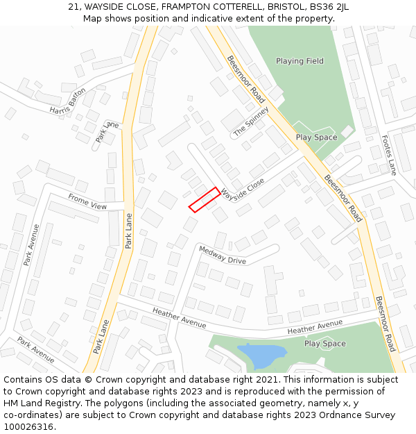 21, WAYSIDE CLOSE, FRAMPTON COTTERELL, BRISTOL, BS36 2JL: Location map and indicative extent of plot