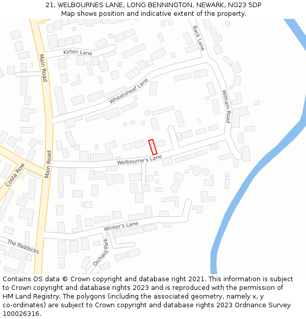 21, WELBOURNES LANE, LONG BENNINGTON, NEWARK, NG23 5DP: Location map and indicative extent of plot