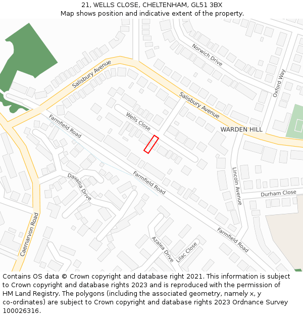 21, WELLS CLOSE, CHELTENHAM, GL51 3BX: Location map and indicative extent of plot