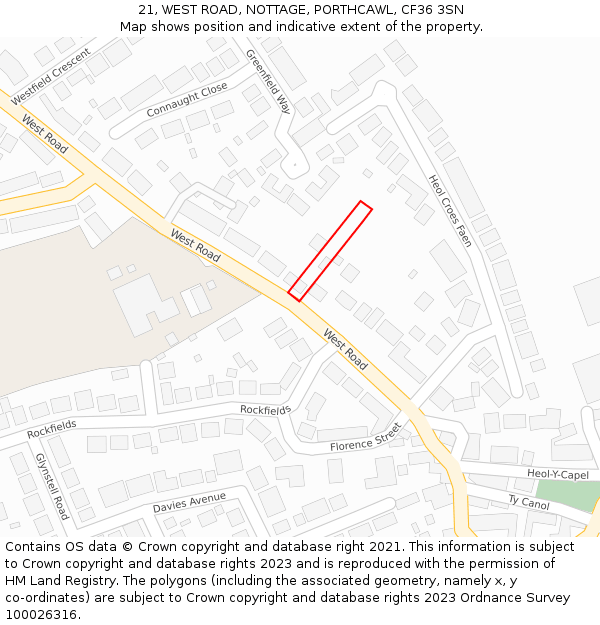 21, WEST ROAD, NOTTAGE, PORTHCAWL, CF36 3SN: Location map and indicative extent of plot