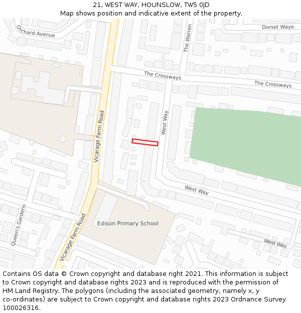 21, WEST WAY, HOUNSLOW, TW5 0JD: Location map and indicative extent of plot