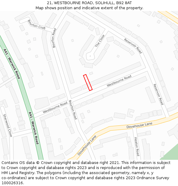 21, WESTBOURNE ROAD, SOLIHULL, B92 8AT: Location map and indicative extent of plot