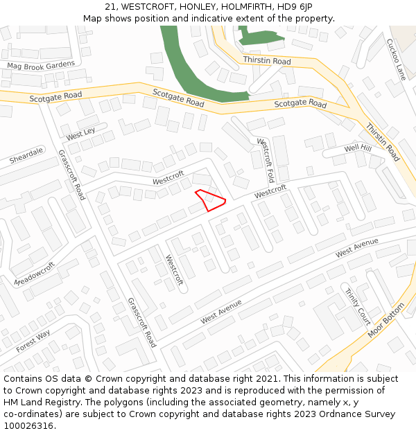 21, WESTCROFT, HONLEY, HOLMFIRTH, HD9 6JP: Location map and indicative extent of plot