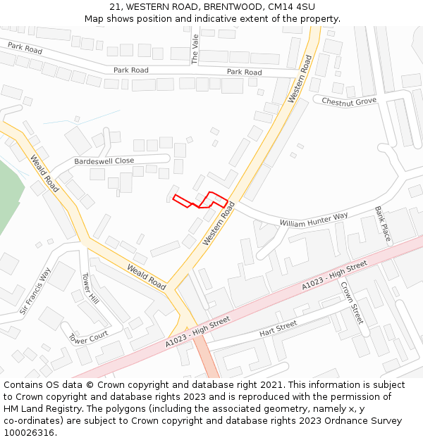 21, WESTERN ROAD, BRENTWOOD, CM14 4SU: Location map and indicative extent of plot