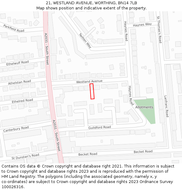 21, WESTLAND AVENUE, WORTHING, BN14 7LB: Location map and indicative extent of plot
