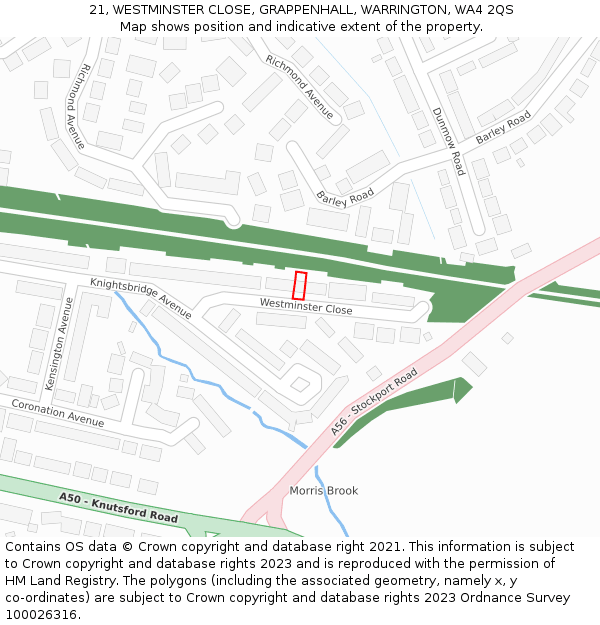 21, WESTMINSTER CLOSE, GRAPPENHALL, WARRINGTON, WA4 2QS: Location map and indicative extent of plot