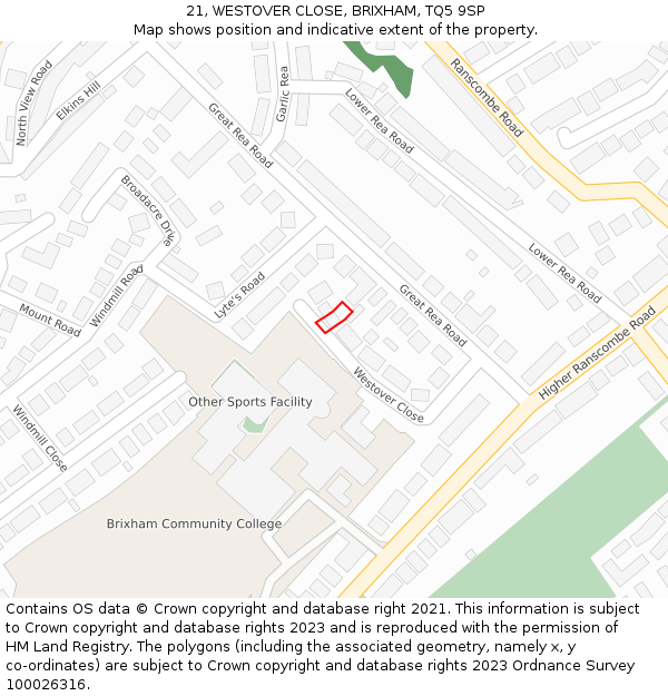 21, WESTOVER CLOSE, BRIXHAM, TQ5 9SP: Location map and indicative extent of plot