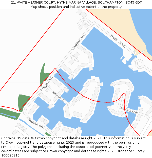 21, WHITE HEATHER COURT, HYTHE MARINA VILLAGE, SOUTHAMPTON, SO45 6DT: Location map and indicative extent of plot