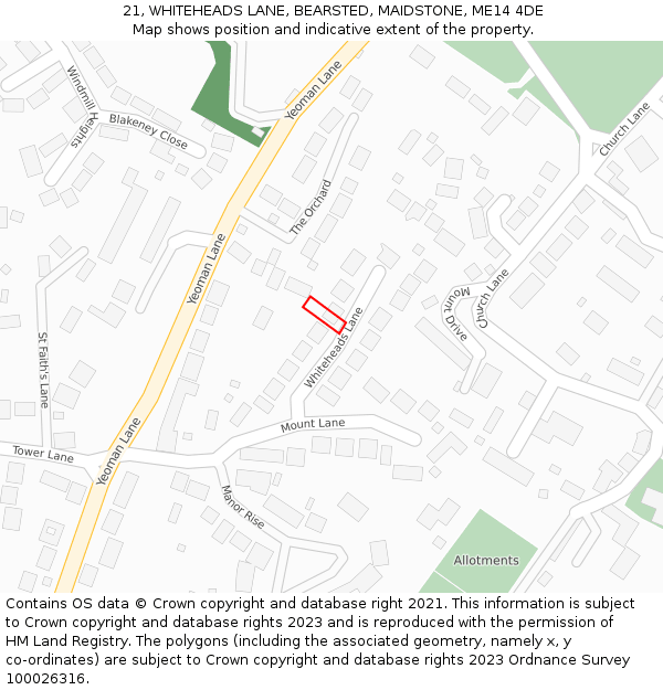 21, WHITEHEADS LANE, BEARSTED, MAIDSTONE, ME14 4DE: Location map and indicative extent of plot