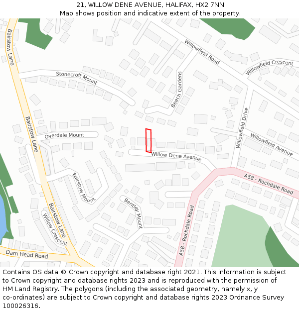 21, WILLOW DENE AVENUE, HALIFAX, HX2 7NN: Location map and indicative extent of plot