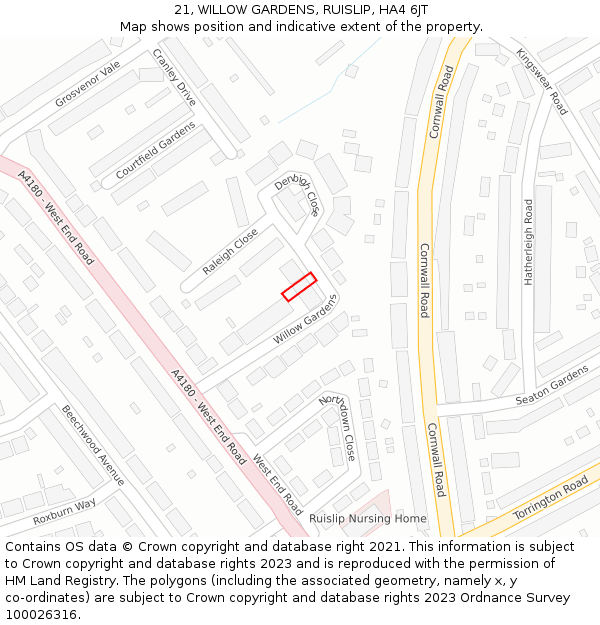 21, WILLOW GARDENS, RUISLIP, HA4 6JT: Location map and indicative extent of plot