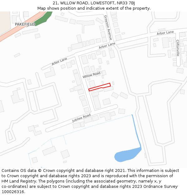 21, WILLOW ROAD, LOWESTOFT, NR33 7BJ: Location map and indicative extent of plot
