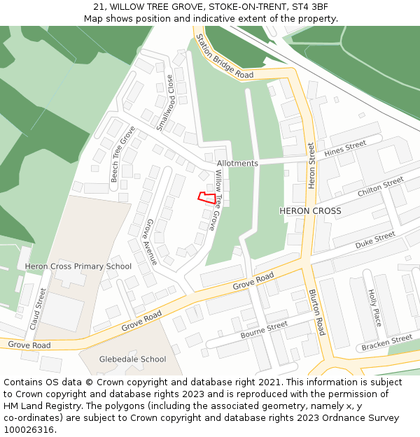 21, WILLOW TREE GROVE, STOKE-ON-TRENT, ST4 3BF: Location map and indicative extent of plot