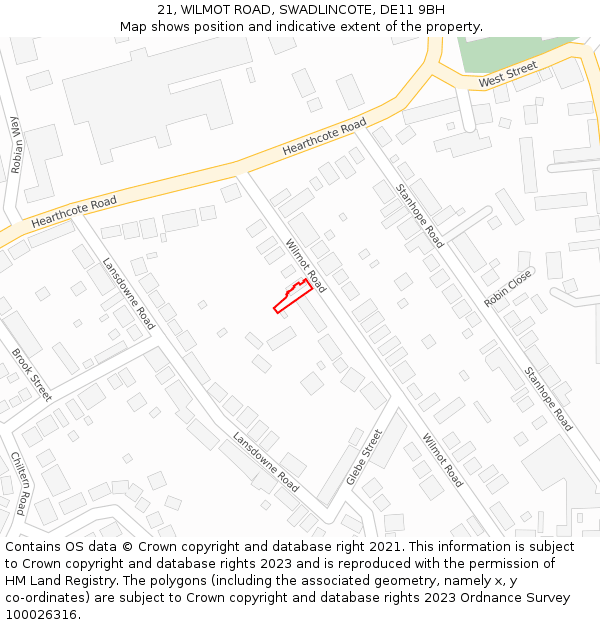 21, WILMOT ROAD, SWADLINCOTE, DE11 9BH: Location map and indicative extent of plot
