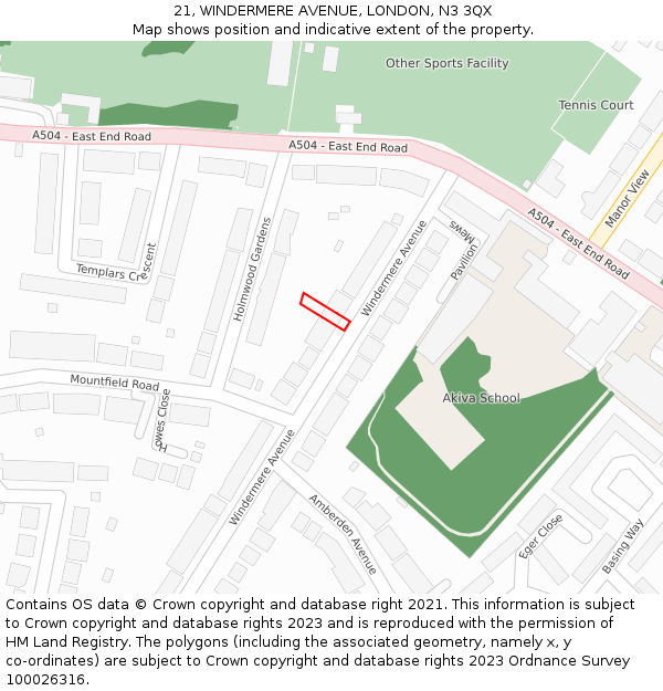 21, WINDERMERE AVENUE, LONDON, N3 3QX: Location map and indicative extent of plot