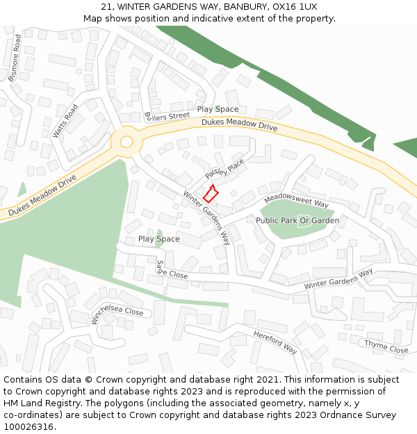 21, WINTER GARDENS WAY, BANBURY, OX16 1UX: Location map and indicative extent of plot