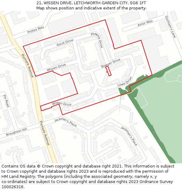 21, WISSEN DRIVE, LETCHWORTH GARDEN CITY, SG6 1FT: Location map and indicative extent of plot