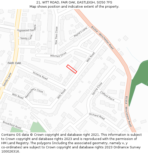 21, WITT ROAD, FAIR OAK, EASTLEIGH, SO50 7FS: Location map and indicative extent of plot