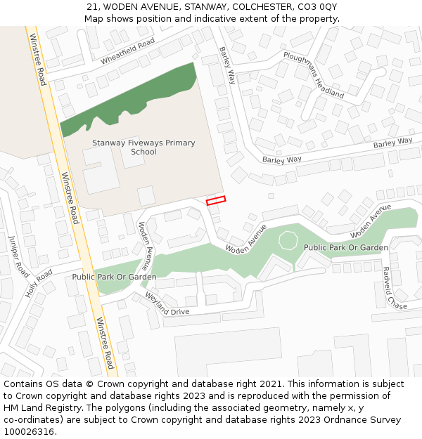 21, WODEN AVENUE, STANWAY, COLCHESTER, CO3 0QY: Location map and indicative extent of plot